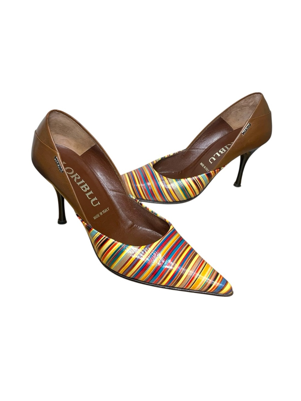 Loriblu Italy Multicolor Striped Brown Leather Pointed-Toe Pumps 37/7 US Luxury